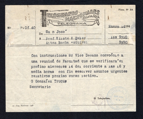COSTA RICA - 1947 - TELEGRAPH: Circa 1947. Stampless black & on white printed 'Telegrafos Nacionales Costa Rica Telegrama' TELEGRAM form used from ALTOS BOMBA (Limon province) to SAN JOSE with OFICINA CENTRAL DE TELEGRAFOS SAN JOSE C.R. cachet applied at lower right.  (COS44336)