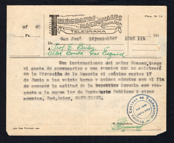 COSTA RICA - 1947 - TELEGRAPH: Stampless black on buff printed 'Telegrafos Nacionales Costa Rica Telegrama' TELEGRAM form used from ALTOS BOMBA (Limon province) to SAN JOSE with OFICINA CENTRAL DE TELEGRAFOS SAN JOSE COSTA RICA. cachet applied at lower right.  (COS44337)