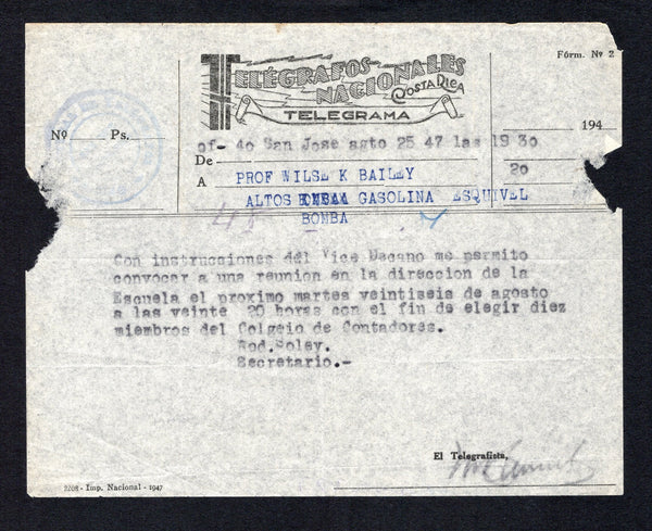 COSTA RICA - 1947 - TELEGRAPH: Stampless black on white flimsy printed 'Telegrafos Nacionales Costa Rica Telegrama' TELEGRAM form used from ALTOS BOMBA (Limon province) to SAN JOSE with OFICINA CENTRAL DE TELEGRAFOS SAN JOSE COSTA RICA. cachet applied at top left. Couple of small tears  (COS44338)