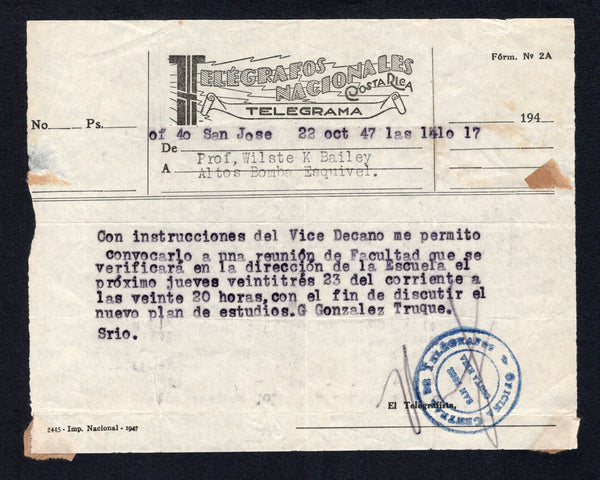 COSTA RICA - 1947 - TELEGRAPH: Stampless black on white printed 'Telegrafos Nacionales Costa Rica Telegrama' TELEGRAM form used from ALTOS BOMBA (Limon province) to SAN JOSE with OFICINA CENTRAL DE TELEGRAFOS SAN JOSE COSTA RICA. cachet applied at lower right.  (COS44339)