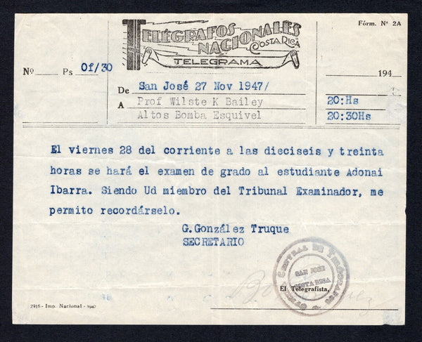 COSTA RICA - 1947 - TELEGRAPH: Stampless black on white printed 'Telegrafos Nacionales Costa Rica Telegrama' TELEGRAM form used from ALTOS BOMBA (Limon province) to SAN JOSE with OFICINA CENTRAL DE TELEGRAFOS SAN JOSE COSTA RICA. cachet applied at lower right.  (COS44340)