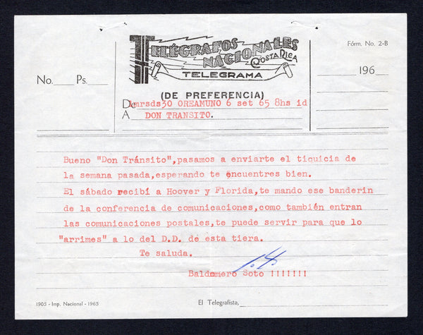 COSTA RICA - 1965 - TELEGRAPH: Stampless black on white printed 'Telegrafos Nacionales Costa Rica Telegrama' TELEGRAM form used from OREAMUNO (Cartago province) to SAN JOSE.  (COS44341)