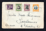 COSTA RICA - 1911 - PROVISIONAL ISSUES: Cover franked with 1911 1c on 25c violet 'Ship' TELEGRAPH issue and 1911 2c black & yellow green with '1911' overprint in black plus 1911 5c indigo & orange buff and 4c black & purple with 'HABILITADO 1911' overprint (SG 96, 88, 90 & 93) all tied by large boxed SAN JOSE cancels in black dated MAR 12 1912. Addressed to GERMANY. Cover is a little worn around edges but a scarce franking.  (COS44402)