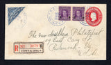 COSTA RICA - 1933 - POSTAL STATIONERY, CINDERELLA & REGISTRATION: 10c carmine postal stationery envelope (H&G B15) used with added pair 1928 5c on 15c violet and 1932 20c blue 'Triangular' issue (SG 170 & 197) tied by R.R. EXTERIOR SAN JOSE cds's dated AGO 29 1933 with printed registration label alongside. Addressed to USA with lovely pink 1933 Austrian 'Flying Boat' CINDERELLA label produced for the Vienna Philatelic Exhibition tied on reverse by USA arrival cds.  (COS44447)