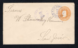 COSTA RICA - 1909 - POSTAL STATIONERY & CANCELLATION: 5c dull orange postal stationery envelope (H&G B7) used with fine strike of STO. DOMINGO cds dated ABR 30 1908. Addressed to SAN JOSE with arrival cds on front.  (COS44916)