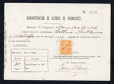 COSTA RICA - GUANACASTE - 1897 - REVENUE DOCUMENT: Large printed 'ADMINISTRACION DE LICORES DE GUANACASTE' official receipt & tax paid document for the purchase of 25 litres of 22% proof Aguardiente (Schnapps) from a distillery near Filadelfia franked with 1892 2c orange 'Arms' issue (SG 33) to pay the receipt fee cancelled by manuscript pen stroke. The reverse has a circular 'JEFETURA POLITICA DE CANTON DE CARRILLO FILADELFIA' cachet in purple and is also signed and dated. A fine item.  (COS45833)
