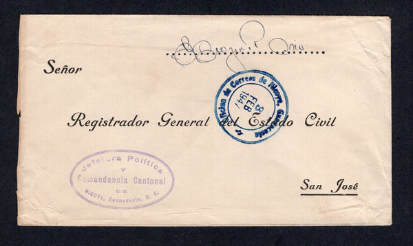 COSTA RICA - GUANACASTE - 1947 - OFFICIAL MAIL & CANCELLATION: Stampless official cover with oval 'Jefetura Politica Y Comandancia Cantonal de NICOYA, Guanacaste, C.R.' official cachet in purple and OFICINA DE CORREOS DE NOCOYA GUANACASTE cds in blue with official signature at top right. Addressed to SAN JOSE.  (COS/8530)