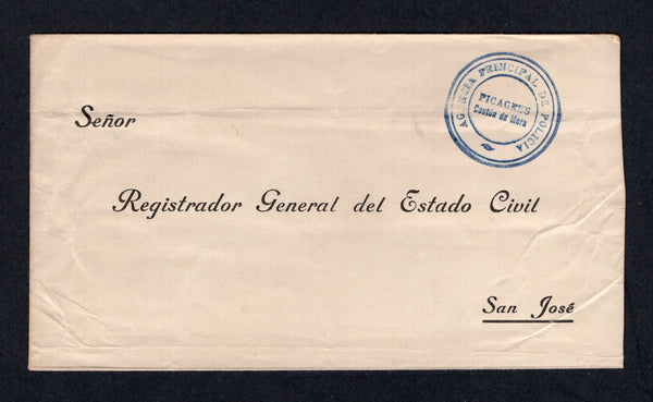 COSTA RICA - 1947 - OFFICIAL MAIL: Stampless official cover with circular 'Agencia Principal de Policia PICAGRES Canton de Mora' official cachet in blue. Addressed to SAN JOSE.  (COS/8556)