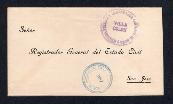 COSTA RICA - 1947 - OFFICIAL MAIL & CANCELLATION: Stampless official cover with large circular 'Jefetura Politica Y Comandancia Cantonal de Mora VILLA COLON' official cachet in purple and CORREOS DE VILLA COLON cds in blue. Addressed to SAN JOSE.  (COS/8559)