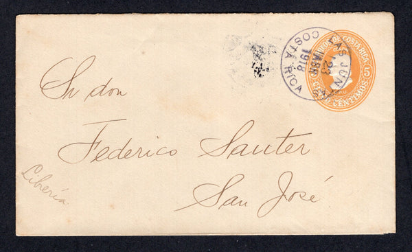 COSTA RICA - GUANACASTE - 1918 - CANCELLATION: 5c orange yellow postal stationery envelope (H&G B9) used with fine LAS JUNTAS cds. Addressed to SAN JOSE with arrival cds on reverse. Scarcer origination.  (COS/9613)
