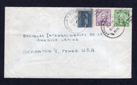 CUBA - 1955 - TRAVELLING POST OFFICES: Cover sent from VERTIENTES with manuscript return address on reverse franked with 1954 1c green and 3c violet plus 1952 1c indigo grey TAX issue (SG 686, 688 & 583) tied by two strikes of ANTILLA Y ALTO CEDRO No. 1 travelling post office duplex cds dated OCT 14 1955. Addressed to USA  (CUB/28282)