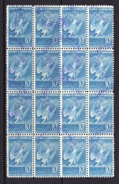 CUBA - 1953 - EXPRESS ISSUE: 10c blue 'Bird' SPECIAL DELIVERY issue a superb used block of sixteen with light CORREOS DE PINAR DEL RIO CANCELADO cds's. (SG E673)  (CUB/3124)