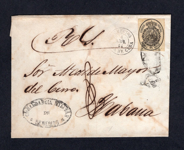 CUBA - 1864 - OFFICIAL MAIL: Cover franked with Spain 1860 ½o black on yellow 'OFFICIAL' issue, a fine four margin copy (SG O54) tied by 'Parrilla' cancel with REMEDIOS cds dated 4 APR 1864 and undated oval 'COMANDANCIA MILITAR DE REMEDIOS' official cachet in black alongside. Addressed to HAVANA with arrival cds on reverse.  (CUB/31613)