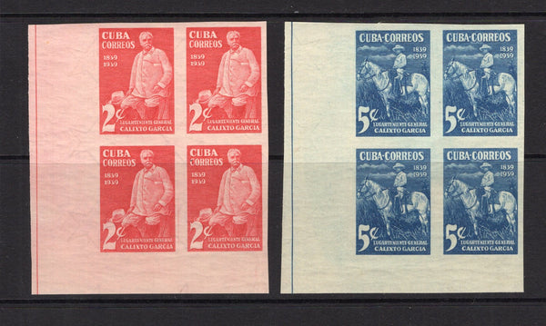 CUBA - 1939 - VARIETY & MULTIPLE: 2c scarlet and 5c bright blue 'Birth Centenary of General Calixto Garcia' issue, the pair in fine mint IMPERF blocks of four. (SG 434/435)  (CUB/33780)