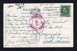 CUBA - 1928 - DESTINATION: Colour PPC 'Habana, Morro Castle seen from the outside' franked on message side with 1925 1c green 'Portrait' issue (SG 345) tied by HABANA machine cancel. Addressed to 'PARAMARIBO, DUTCH GUYANE, SOUTH AMERICA' with LA CEIBA HONDURAS transit cds and PARAMAIBO arrival cds all on front.  (CUB34278)