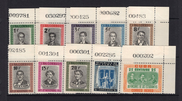 CUBA - 1952 - COMMEMORATIVE ISSUE: 81st Anniversary of Execution of Eight Rebel Medical Students' issue, the set of ten, each stamp is corner marginal unmounted mint with sheet number handstamp in the top margin. Very attractive. (SG 627/636)  (CUB/34343)