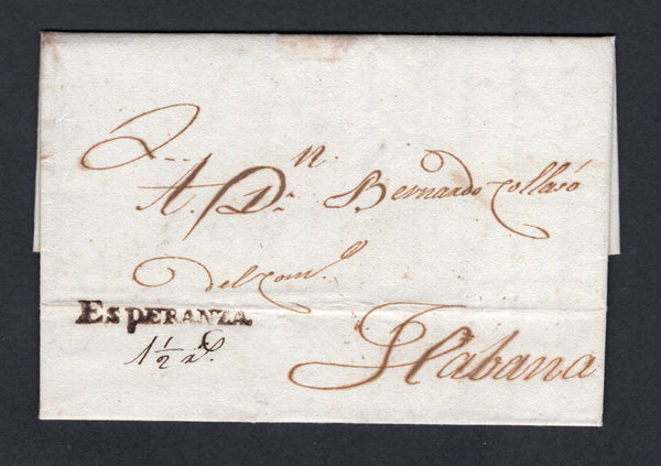 CUBA - 1835 - PRESTAMP: Complete folded letter from ESPERANZA to HAVANA with fine strike of straight line 'ESPERANZA' marking in black. Rated '1½r' in manuscript.  (CUB/34417)