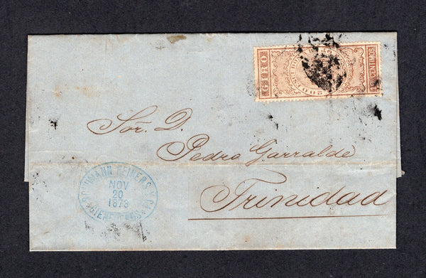CUBA - 1873 - POSTAL FISCAL: Complete folded letter datelined 'Cienfuegos 20 Novbre 1873' franked with 1868 10c yellow brown 'Giro' REVENUE issue (Forbin #1) inscribed 'DE 200 ESCUDOS A BAJO' tied by 'Parilla' cancel in black with oval 'SCHUMANN REINIERS Y CA CIENFUEGOS' company handstamp in blue dated NOV 20 1873 alongside. Addressed to TRINIDAD. Rare.  (CUB/36494)