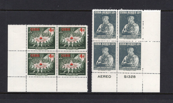 CUBA - 1957 - SCOUT THEMATIC & MULTIPLE: 'Birth Centenary of Lord Baden Powell' SCOUTING issue, the pair in fine unmounted mint corner marginal blocks of four. (SG 803/804)  (CUB/41671)