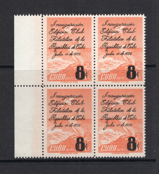 CUBA - 1956 - MULTIPLE: 8c on 24c orange BIRD issue with 'Inauguration of Philatelic Club of Cuba Building' overprint, a fine unmounted mint side marginal block of four. (SG 788)  (CUB/41673)