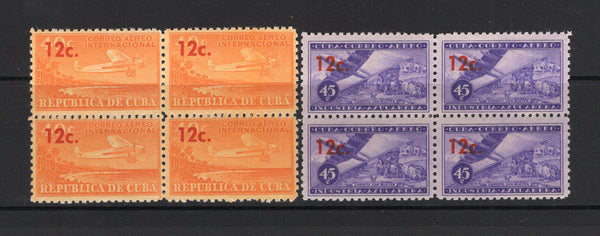 CUBA - 1960 - MULTIPLE: 12c on 40c orange and 12c on 45c violet 'Airmail' SURCHARGE issue, both in fine unmounted mint blocks of four. (SG 942/943)  (CUB/41675)