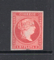 CUBA - 1855 - PROOF: 1r deep carmine on bluish paper, IMPERF PROOF in unissued colours on unwatermarked paper. A fine four margin example. Scarce. (As SG 2)  (CUB/42056)