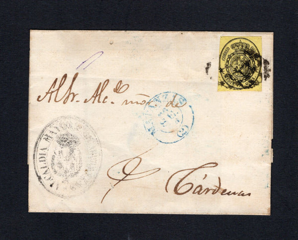 CUBA - 1858 - OFFICIAL MAIL: Cover franked with Spain 1855 ½o black on yellow 'OFFICIAL' issue, a fine four margin copy (SG O54) tied by 'Parilla' cancel in black with MATANZAS cds in blue dated 26 SEP 1858 and oval official cachet in black alongside. Addressed to CARDENAS with arrival cds's on reverse.  (CUB/43506)