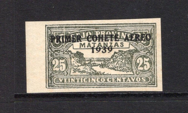 CUBA - 1939 - CINDERELLA & ROCKET POST: 25c black 'Consejo Provincial' MATANZAS Revenue with 'Primer Cohete Aereo 1939' overprint in black. Issued for the Experimental Rocket Post of October 1939. A fine mint side marginal copy.  (CUB43766)