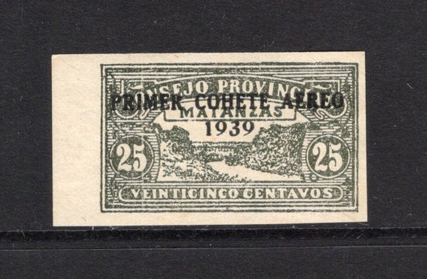 CUBA - 1939 - CINDERELLA & ROCKET POST: 25c black 'Consejo Provincial' MATANZAS Revenue with 'Primer Cohete Aereo 1939' overprint in black. Issued for the Experimental Rocket Post of October 1939. A fine mint side marginal copy.  (CUB43767)