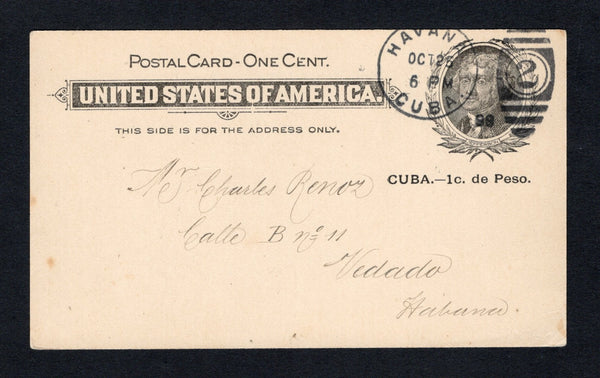 CUBA - 1899 - POSTAL STATIONERY: 1c on 1c black 'CUBA' overprint on USA postal stationery card (H&G 36) used with HAVANA duplex cds dated OCT 25 1899. Addressed locally within HAVANA with arrival cds on reverse and full commercial message. A fine correct use of this card.  (CUB43869)