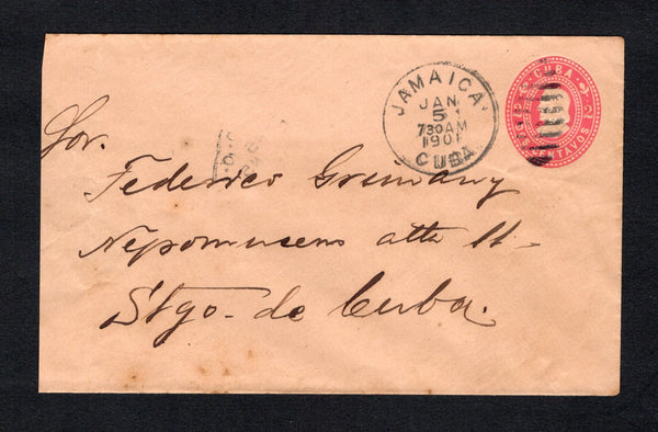 CUBA - 1901 - FOREIGN COLONIES IN CUBA: 2c carmine on salmon postal stationery envelope (H&G B9) used with fine strike of JAMAICA CUBA cds dated JAN 5 1901. Addressed internally to SANTIAGO DE CUBA with arrival cds on reverse. The cover is trimmed approximately 1.5cm at left. The village of Jamaica was a settlement established by Jamaican immigrants moving to Cuba for work in the late 1800's.  (CUB43870)