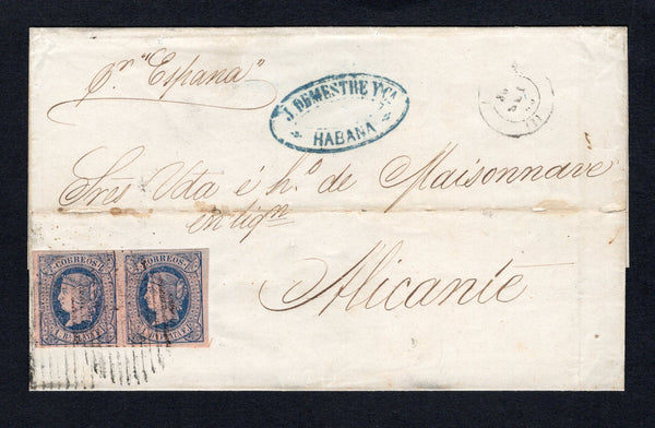 CUBA - 1865 - CLASSIC ISSUES: Cover with manuscript 'Pr "Espana"' ship endorsement on front franked with pair 1864 1r dull blue on pale brown 'Isabella' issue with margins all round (SG 17) tied by oval 'Lines' cancels with light strike of HABANA cds alongside with oval 'J. DEMESTRE Y CA HABANA' company handstamp. Addressed to SPAIN with arrival cds on reverse.  (CUB44239)