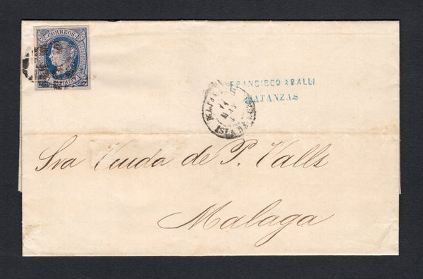 CUBA - 1865 - CLASSIC ISSUES: Complete folded letter franked with fine four margin 1864 1r dull blue on pale brown 'Isabella' issue (SG 17) tied by dumb oval cancel with light MATANZAS cds alongside dated 14 MAY 1865. Addressed to MALAGA, SPAIN with arrival cds's on reverse.  (CUB44240)