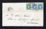 CUBA - 1866 - CLASSIC ISSUES: Complete folded letter franked with 1866 pair 10c blue and 20c green 'Isabella' NEW CURRENCY issue, all four margin copies (SG 20/21) tied by oval 'Lines' cancels with unclear HABANA cds alongside. Addressed to BARCELONA, SPAIN with arrival cds and oval CARTERO 7A SECCION marking on reverse. An attractive franking.  (CUB44241)