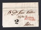 CUBA - 1834 - PRESTAMP: Complete folded letter from PUERTO PRINCIPE to HAVANA with fine strike of two line 'PUERTO PRINCIPE' marking in red and '2' handstamp in black alongside. Filing crease at top above markings. Very attractive.  (CUB44404)