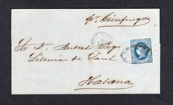 CUBA - 1867 - COASTAL MAIL: Cover franked with single 1867 10c blue 'Isabella' issue (SG 25) tied by oval 'Parrilla' cancel with MANZANILLO cds alongside. Addressed to HAVANA endorsed 'pr Cienfuegos' sent by sea by the coastal shipping route with arrival cds on reverse.  (CUB/8624)