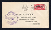 CUBA - 1928 - FIRST FLIGHT: Cover franked with single 1928 5c carmine 'LINDBERGH' AIR overprint issue (SG 364) tied by HABANA 'Airmail' roller cancel flown on the First Flight from HAVANA - SANTIAGO DE CUBA by Mason with circular purple 'HABANA - SANTIAGO DE CUBA CORREO AEREO PRIMER VUELO FEBRERO 23 1928' cachet on front. Arrival cds on reverse. (Muller #7)  (CUB/8664)