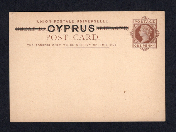 CYPRUS - 1880 - POSTAL STATIONERY: 1d brown on cream QV postal stationery card of Great Britain with 'CYPRUS' overprint in black (H&G 1) a fine unused example.  (CYP/10615)