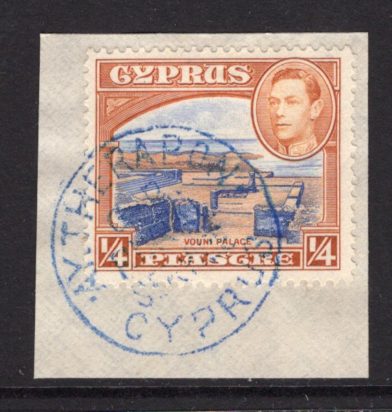 CYPRUS - 1940 - CANCELLATION: Circa 1940. ¼pi ultramarine & orange brown GVI issue tied on piece by fine strike of undated AY. THERAPON G.R. RURAL SERVICE CYPRUS cancel in blue. (SG 151)  (CYP/26100)