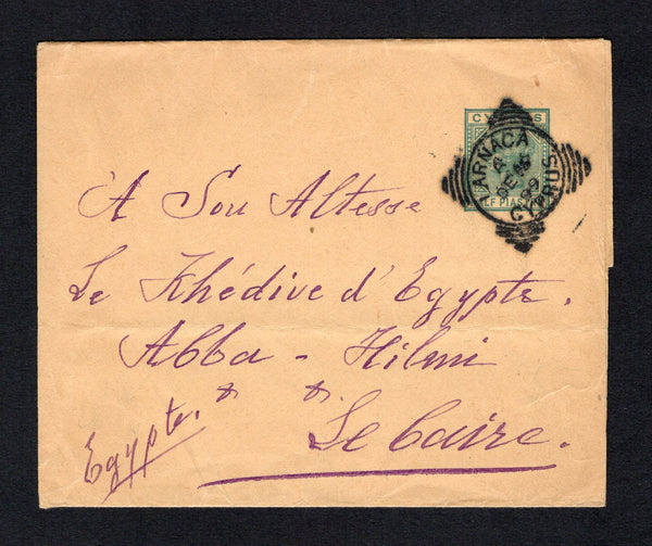 CYPRUS - 1899 - POSTAL STATIONERY & DESTINATION: ½pi green on buff QV postal stationery wrapper (H&G E2) used with LARNACA squared circle cds dated DEC 16 1899. Addressed to CAIRO, EGYPT.  (CYP43906)