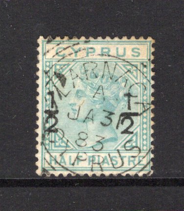 CYPRUS - 1882 - PROVISIONAL ISSUE: ½pi on ½pi emerald green QV issue, watermark 'Croen CC', a fine used copy with fine central strike of LARNACA cds dated JA 31 1883. (SG 23)  (CYP44107)