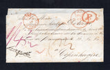 DANISH WEST INDIES - 1858 - BRITISH POST OFFICES: Cover with superb strike of the 'Crowned' PAID AT ST. THOMAS marking in red (SG CC1) on front with oval 'P' paid mark also in red and small ST THOMAS cds in black dated JA 18 1858 on reverse. Addressed to DENMARK rated 6d and 1/4½ in manuscript on front with LONDON PAID transit cds in red on front and HAMBURG transit cds and Danish arrival mark on reverse. The cover is missing its side flaps and one of the inner flaps at the top and has a couple of light to
