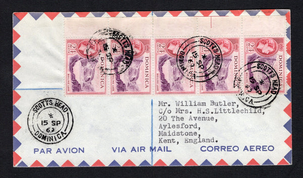 DOMINICA - 1963 - CANCELLATION: Airmail cover franked with strip of five 1954 24c purple & carmine QE2 issue (SG 153) tied by multiple fine strikes of SCOTTS HEAD cds dated 15 SEP 1963. Addressed to USA.  (DMN/43020)