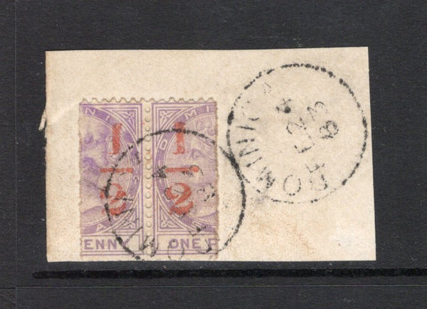 DOMINICA - 1882 - PROVISIONAL ISSUE: ½d on BISECTED 1d lilac with overprint in red, a joined pair showing the opposite halves of the stamp tied on piece by DOMINICA cds dated FE 24 1883. (SG 11)  (DMN43724)