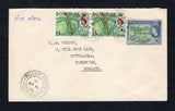 DOMINICA - 1966 - CANCELLATION: Commercial cover franked with 1954 8c deep green & deep blue and 1963 pair 15c QE2 issues (SG 149 & 172) tied by BELLVUE CHOPIN cds's dated 27 AU 1966 with fine additional strike alongside. Sent airmail to UK with G.P.O. DOMINICA transit cds on reverse.  (DMN45685)