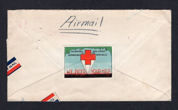 DOMINICAN REPUBLIC - 1941 - CINDERELLA: Cover franked with 1940 3c violet and 1941 10c magenta (SG 431 & 458) tied by SAN PEDRO DE MACORIS cds. Sent airmail to USA with fine multicoloured 'THE BRITISH RED CROSS IN THE DOMINICAN REPUBLIC - WE NEED YOUR HELP' cinderella label on reverse.  (DOM/17524)