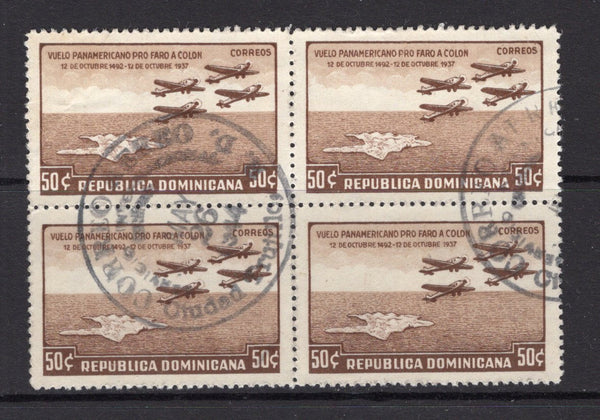 DOMINICAN REPUBLIC - 1937 - MULTIPLE: 50c brown 'Pan American Goodwill Flight' AIR issue a fine cds used block of four. (SG 390)  (DOM/2135)