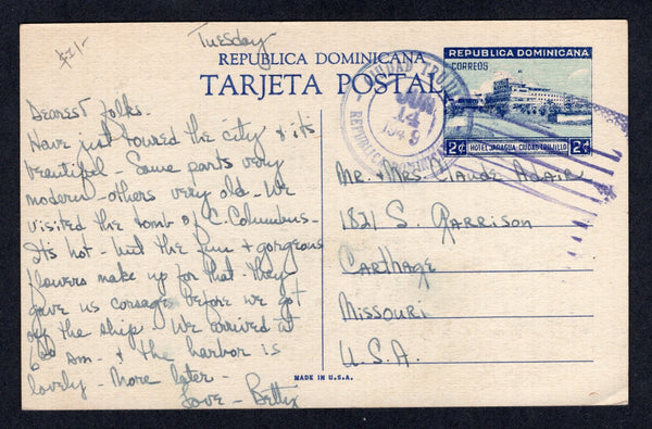 DOMINICAN REPUBLIC - 1949 - POSTAL STATIONERY: 2c blue postal stationery viewcard (H&G 19) with view 'Duarte's Park, Trujillo City' used with CIUDAD TRUJILLO cds. Addressed to USA.  (DOM/26739)