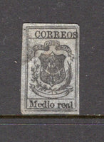 DOMINICAN REPUBLIC - 1867 - CLASSIC ISSUES: 'Medio real' black on grey pelure paper, a superb looking copy with four good to large margins. The stamp has a light crease and small fault in the margin at top left, but otherwise a very fine copy. Scarce in this quality. (SG 12)  (DOM/28288)