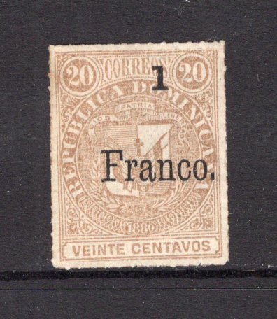 DOMINICAN REPUBLIC - 1883 - PROVISIONAL SURCHARGES: 1 Franco on 20c yellow brown 'Arms' issue without Network, overprint type 3, a fine unused copy. (SG 50)  (DOM/36241)